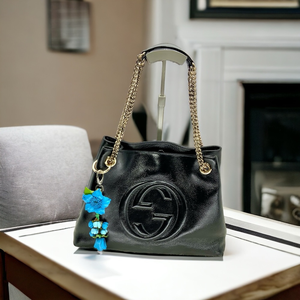 Auth GUCCI Tote Bag Soho Chain GG Black  Leather Hand Bag & Leather Flower Charm